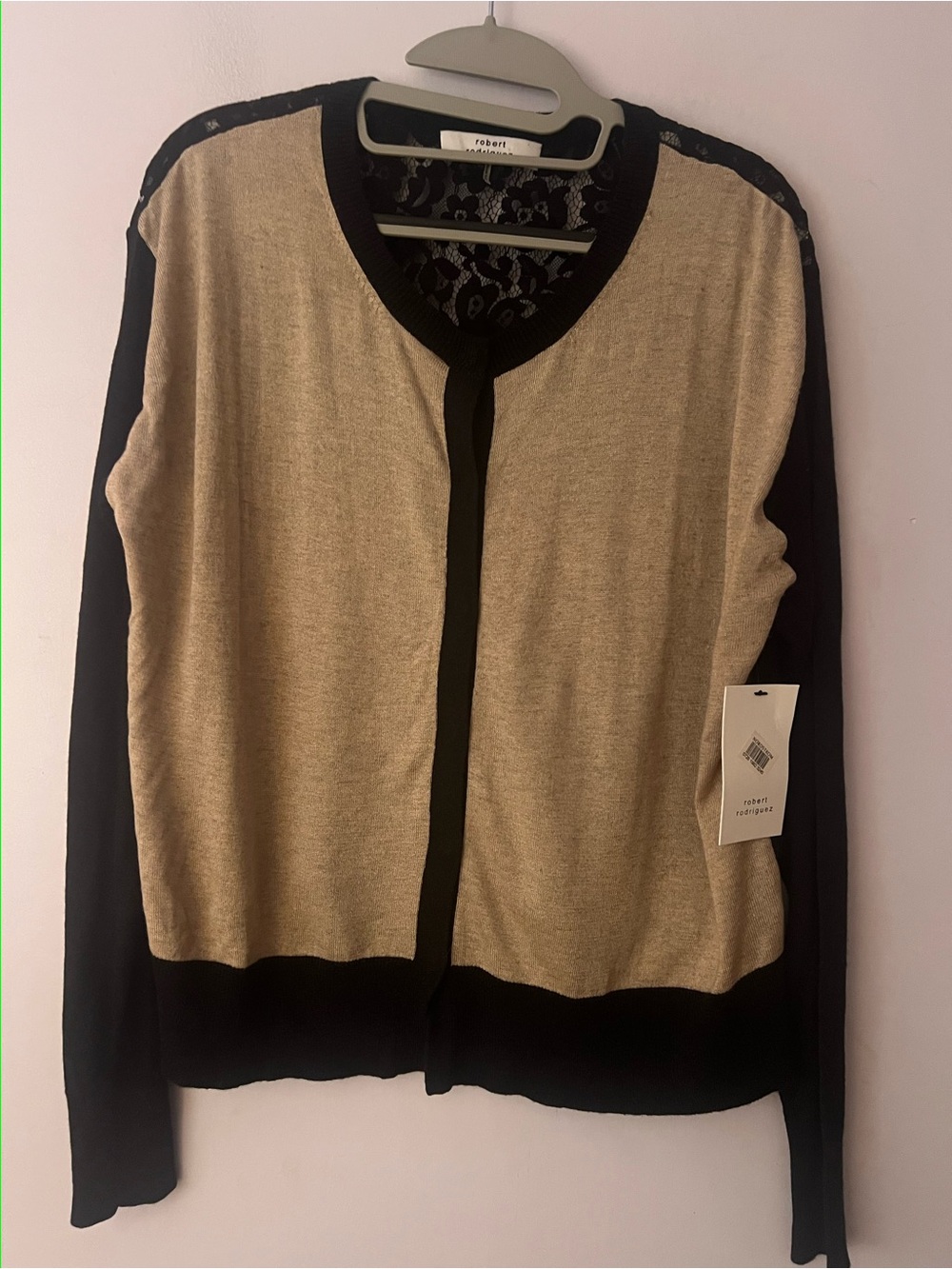 NWT Robert Rodriguez Cardigan Black Beige Lace Back Snap Front Sweater